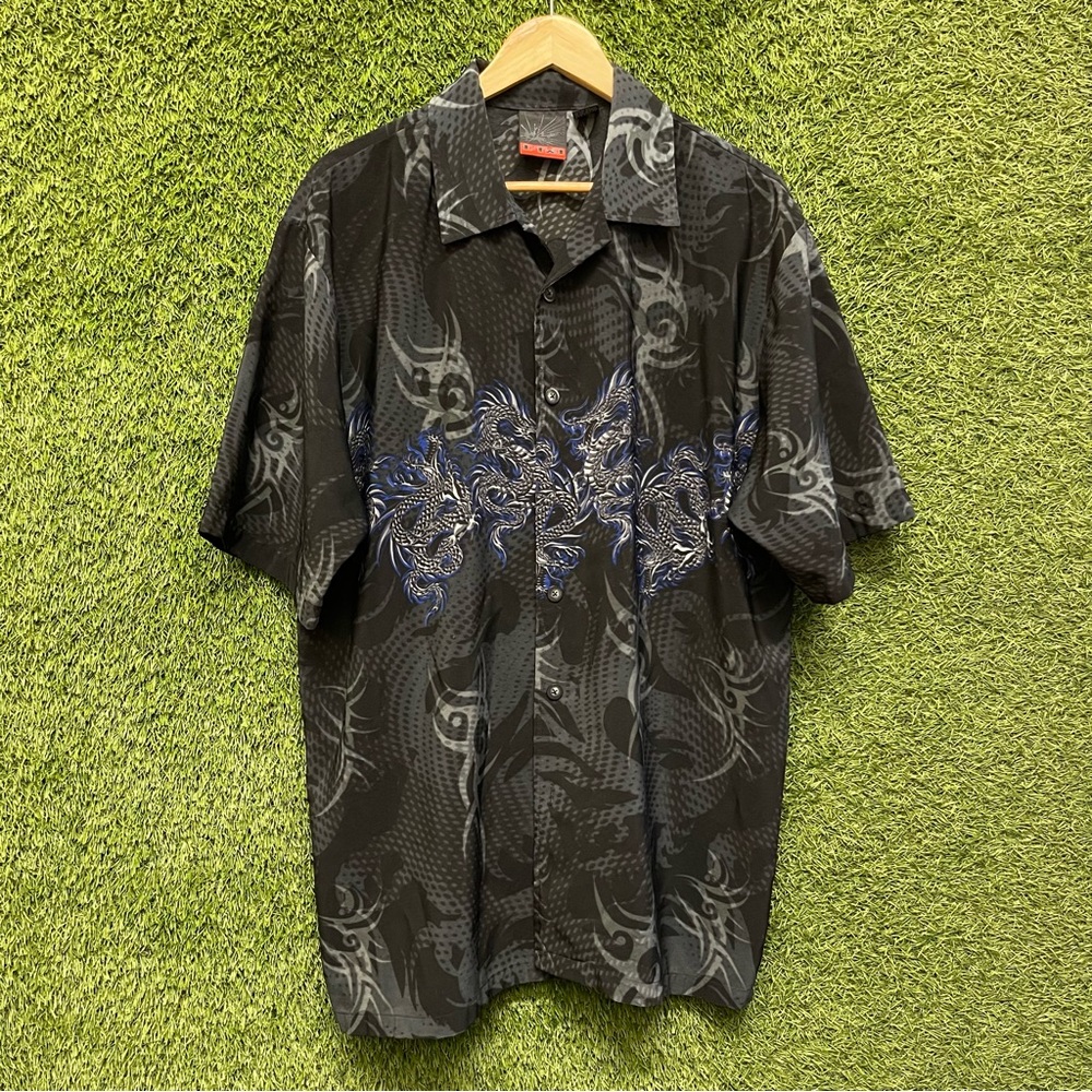Vintage Y2K C-Two Dragon Tribal All Over Print Button Up Shirt Mens XL Black Blu